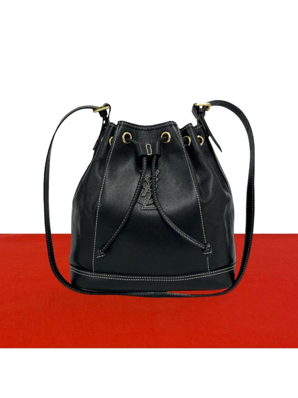 Saint Laurent Vintage YSL Logo Leather Drawstring Shoulder Bag Pochette Black